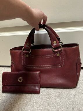 Authentic Celine Burgundy Leather Satchel with Bonus Long Wallet